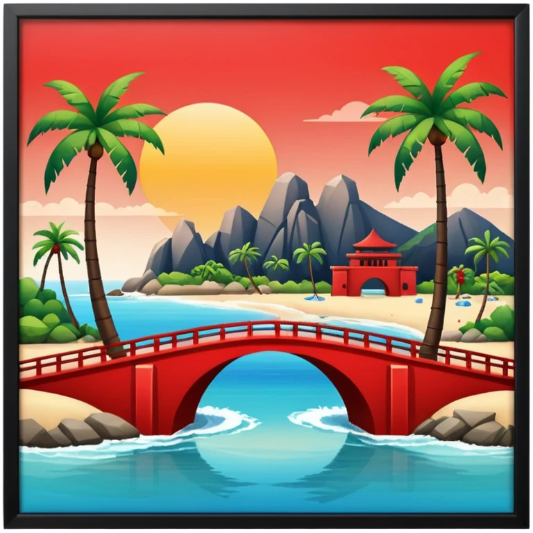  island with contemporary architecture, beaches with palm trees, and a red bridge on one side emoji