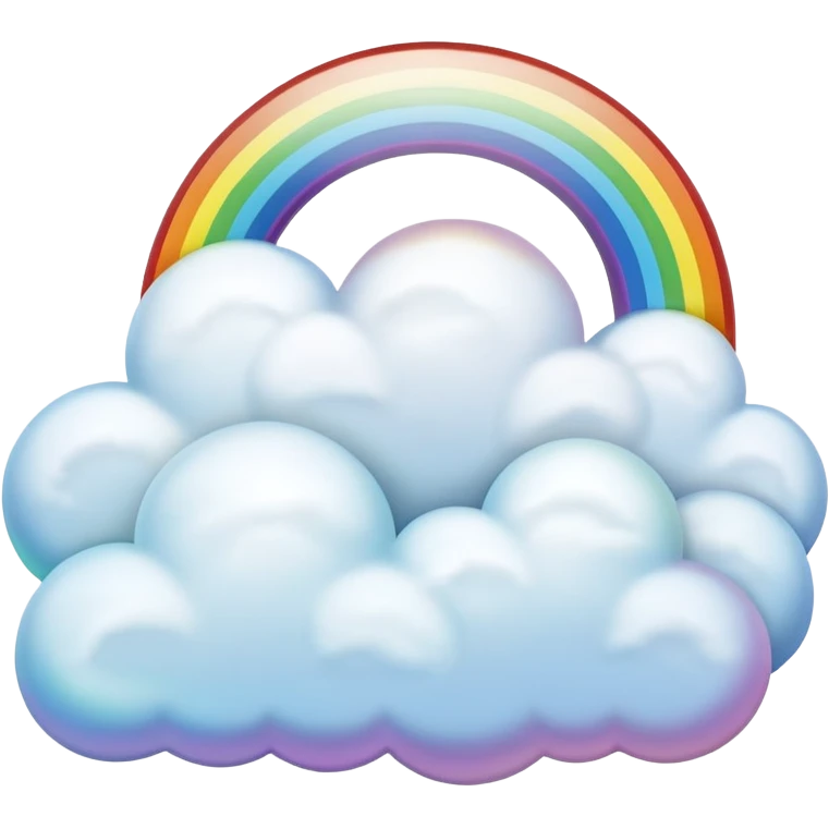 3d rendering, isolated, opalescent pearlescent colored, perfectly shaped, soft fluffy clouds, with half of a rainbow peeking from behind the clouds dpi 300, 8k emoji