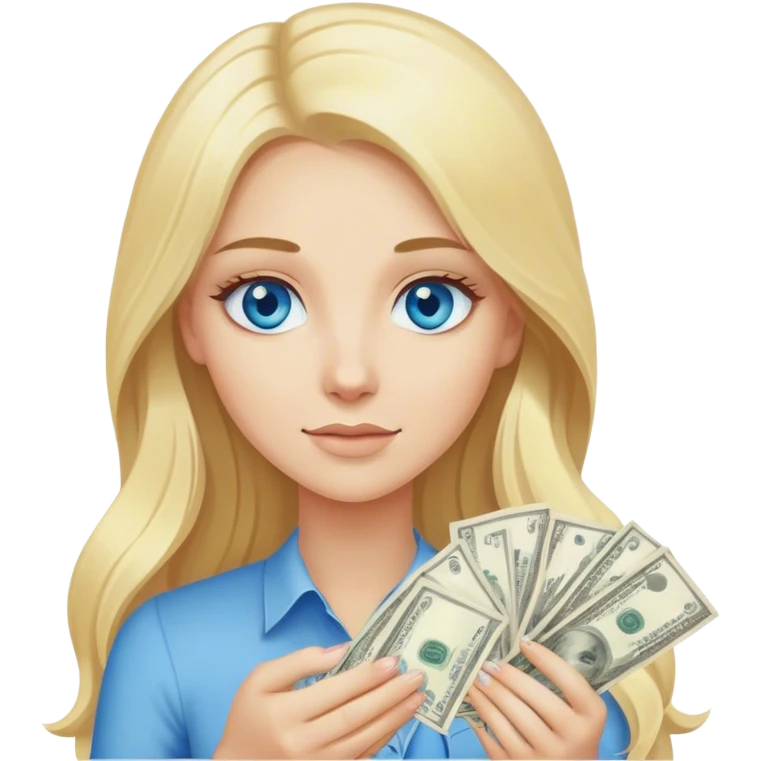 Cinematic realistic blonde with long hair, blue eyes holds money in her hands emoji