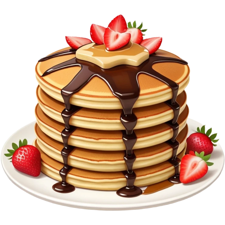 ultra realistic stack of pancakes with chocolate syrup and sliced strawberries emoji
