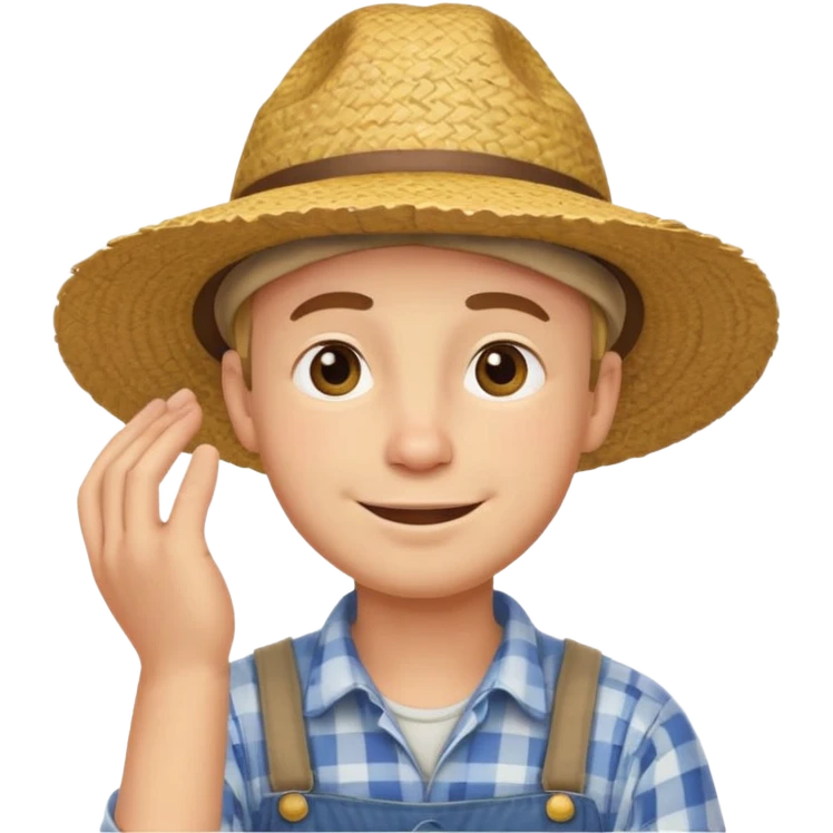 “A single emoji-style character combining 👨‍🌾😄 and 🤔: a smiling farmer with a straw hat, one hand under his chin in a strong thinking gesture, eyes looking upward thoughtfully, expressive face, clean flat emoji design, bold outlines, soft colors, transparent background.” emoji