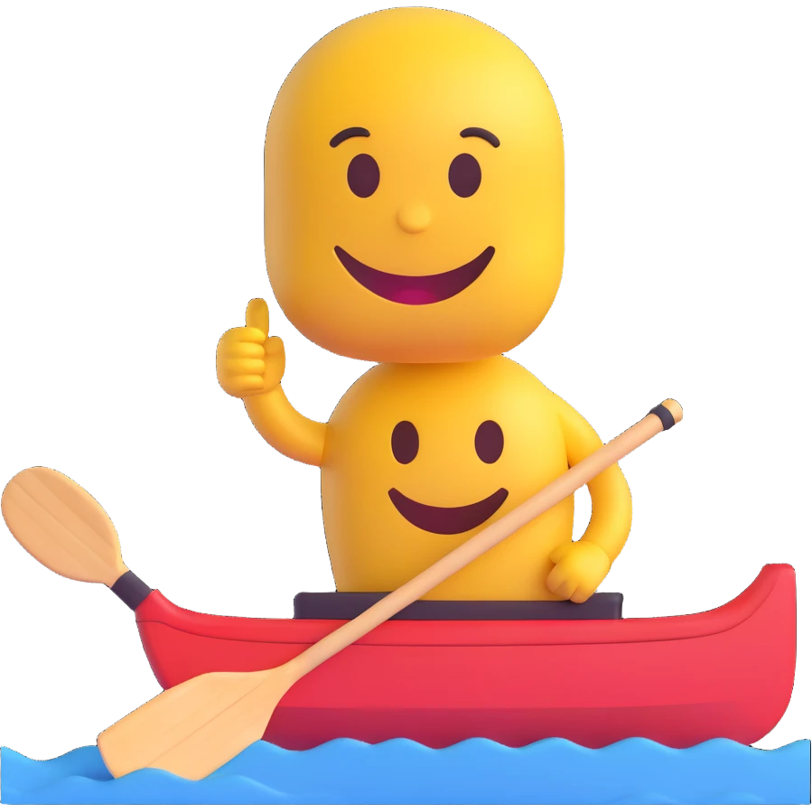 3D smiley emoji, round shape, holding canoe paddle, sporty face, transparent background (canoeing) emoji