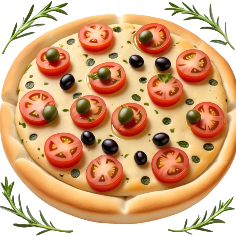 cinematic-realistic-isometric focaccia-bread-dish-emoji,-depicted-as-a-golden,-olive-oil-brushed-flatbread-sprinkled-with-herbs-rendered-with-lifelike-texture-and-soft,-appetizing-lighting showing olives on top and the cherry tomatoes sliced emoji
