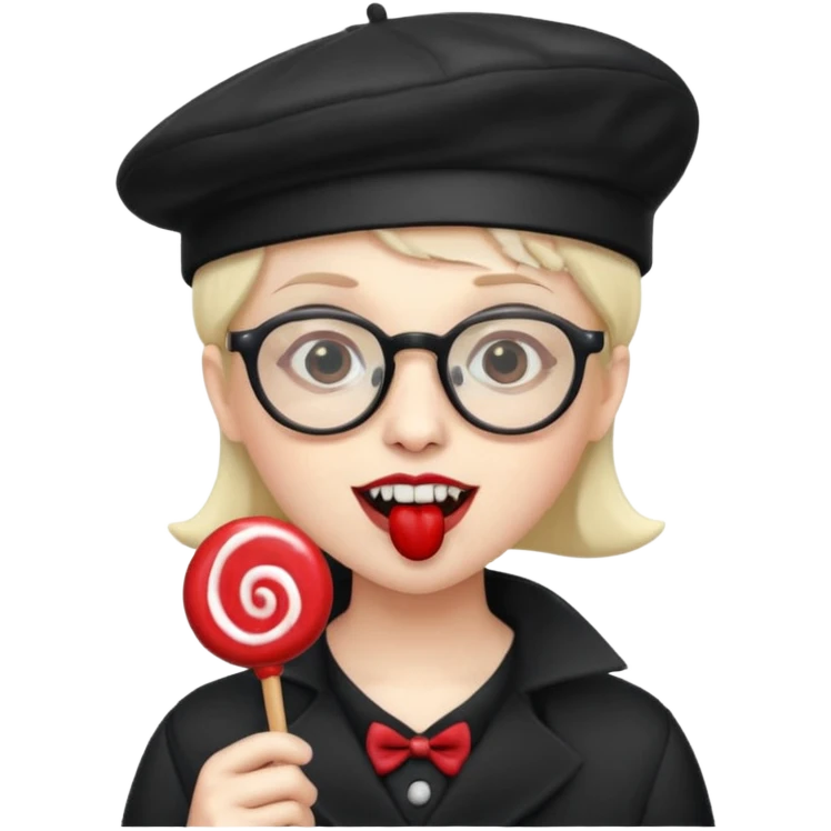 Vampire with lollipop, beret and glasses, teeth looks like vampire emoji