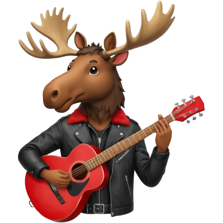 A man with a moose head in alaska pointing a red guitar directly up in the air. Make the graphics gritty and realistic like the moose man is a villian in a high budget batman movie. It needs to be 100 times more dark themed and realistic. Like your batman characters  emoji