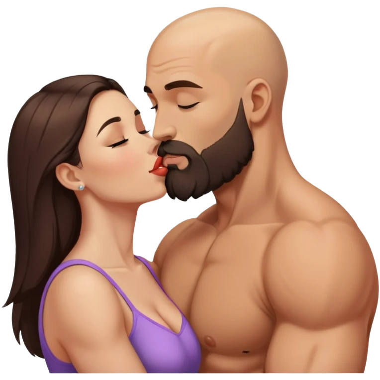 Muscular Bald man with a beard passionately kissing his young brunette wife  emoji