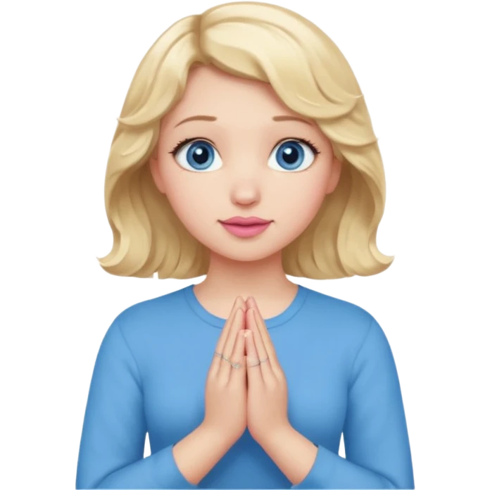 Girl Blonde short wavy hair,  blue eyes, cute blue top, long lashes, pink lips, praying hands emoji