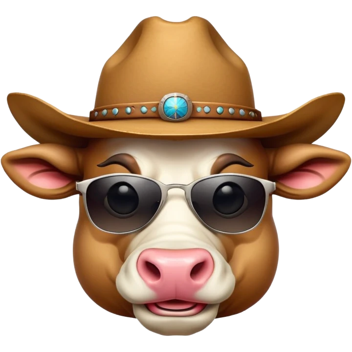 friendly anthropomorphised bull head wearing sunglasses and a cowboy hat emoji