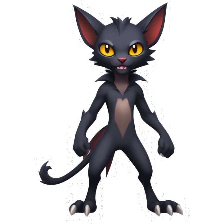 Black cool vampiric Noivern-Litten-Lykoi-Caracal-Fakemon with big bat ears full-body emoji