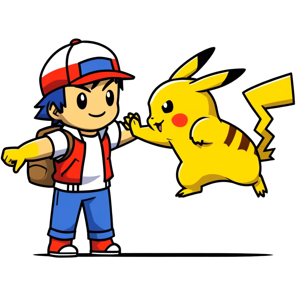 Hot handsomeb muscular 6ft tall smiling happy fun Ash Ketchum giving clothes free Pikachu a high five emoji