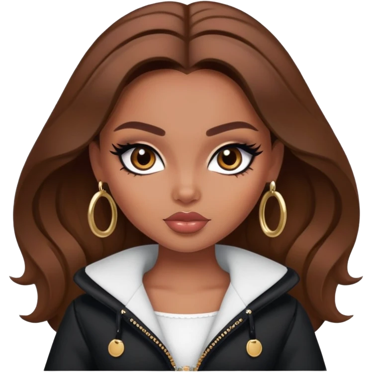 pretty bratz girl, brown hair, dark brown eyes, black eyeliner, brown skin, coquette clothes emoji