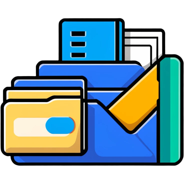 Closed folder icon with small symbols floating around: bank building, credit card, calculator, and document – organized financial archive emoji