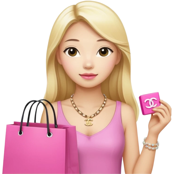 Blonde Chanel Asian Girl with long blond hair holding pink shopping bag and Chanel necklace emoji