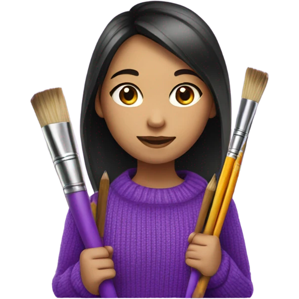 Half Asian girl in bright purple sweater holding paintbrushes and pencils emoji