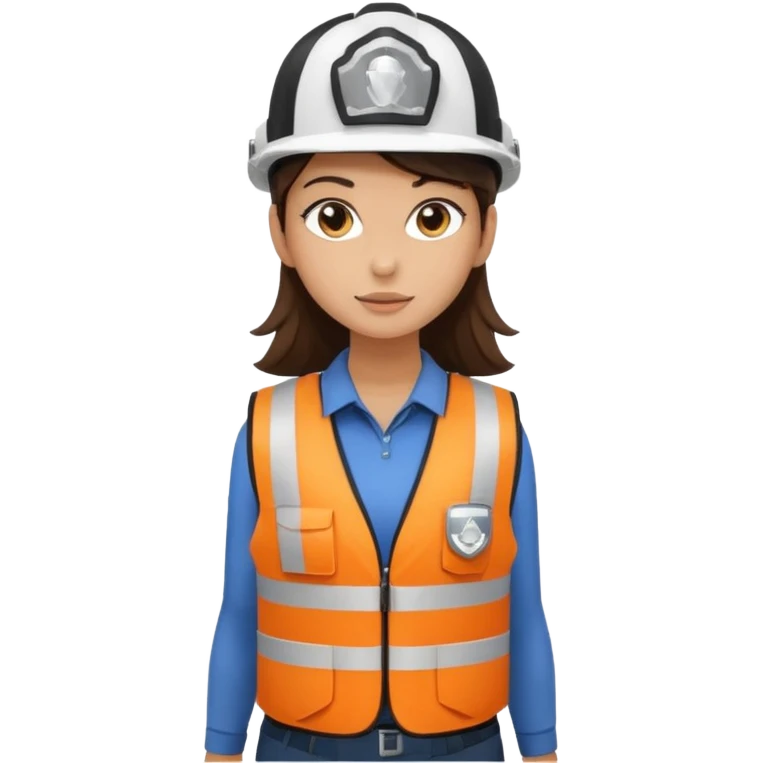 Brunette brown Girl full body standing with her white security helmet and security vest that fits her big on, also with her black backpack. Full body emoji