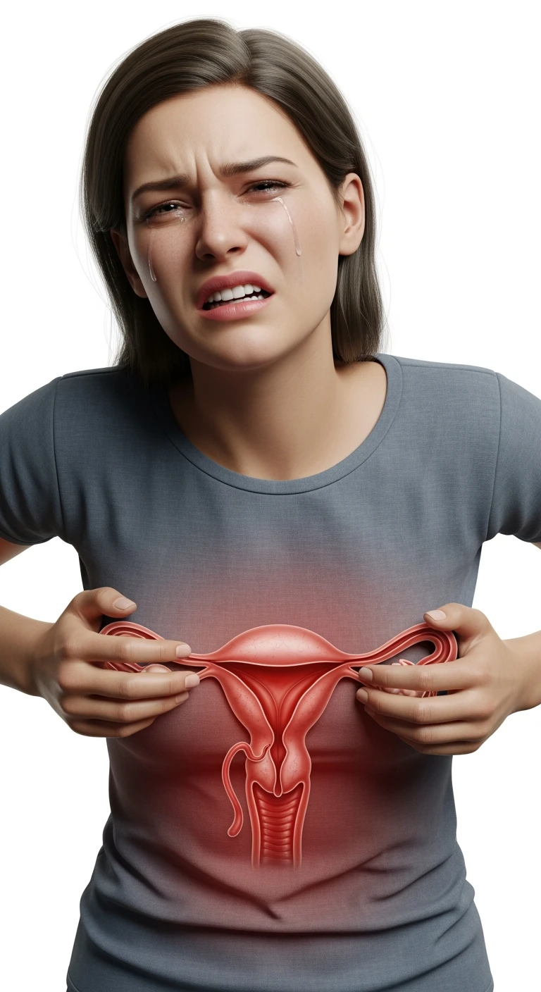 donna con utero umano realistico in evidenza dolorante, espressione di dolore in volto, sfondo bianco, non farla computerizzata, ma iperrealistica 4k emoji