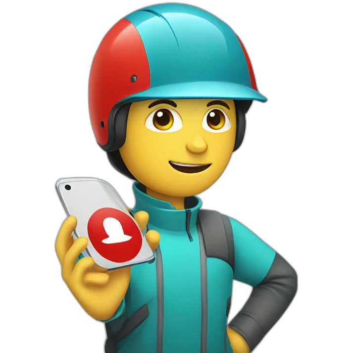 young guy with red bicycle helmet wearing a high visibility suit holding up a smart phone visibility suit emoji