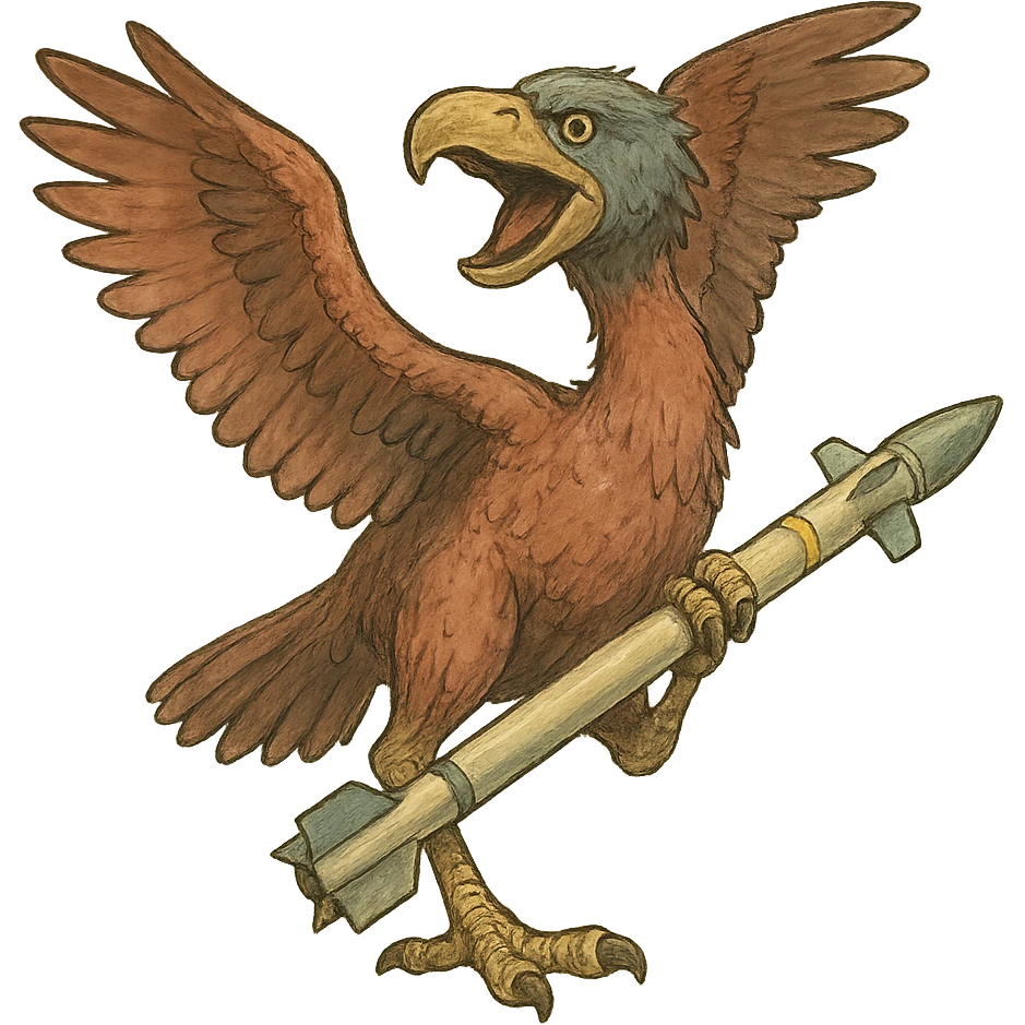 an insignia for a flag: a strange foreign alien bird creature, resembling a prehistoric phorusrhacos, gripping a sidewinder missile in its' powerful claw, standing up on its' other claw, cawing fiercely, wings spread in defiance.
 emoji