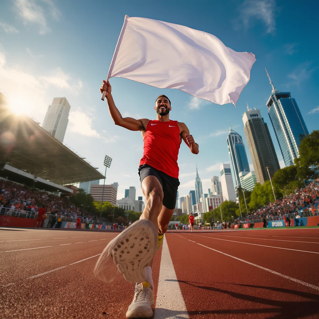 happy runner waving a white flag of Olympic emoji