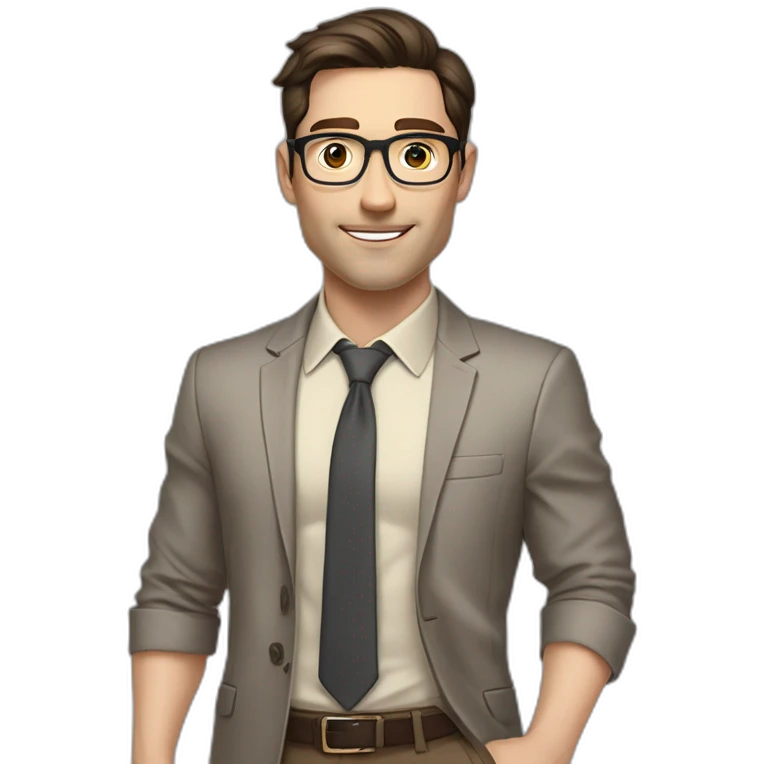 Pale skinned fit man with dark brown hair in gray jacket, beige office shirt, brown tie, brown pants and vintage glasses Writing on the marker board emoji