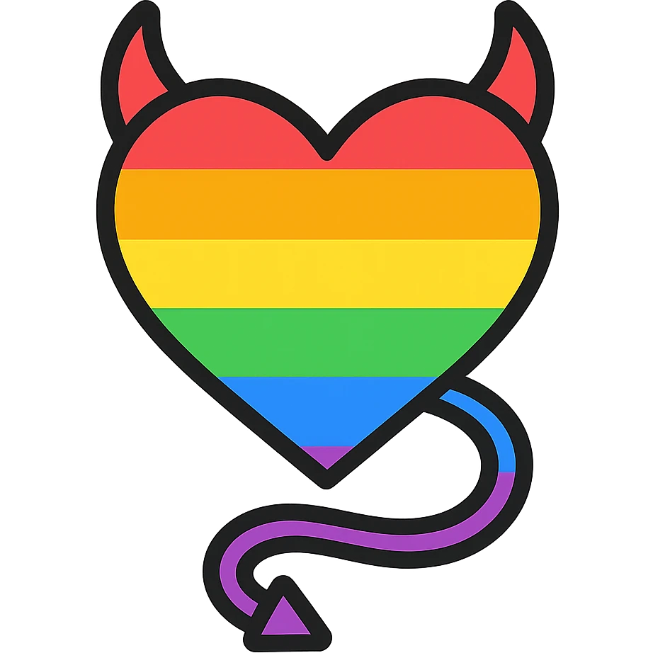 minimalist devil heart icon, heart with two horns and a pointed tail, all rainbow, pride theme emoji