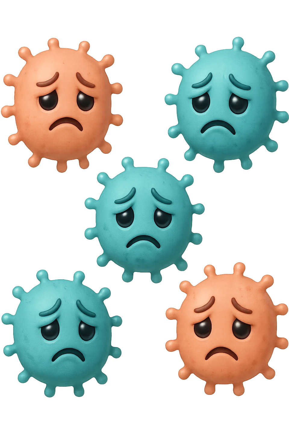 EMOJI STILE IPHONE DI 3 BATTERI INTESTINALI turchesi tristi e 3 batteri intestinali rosa salmone tristi CHE FLUTTUANO IN ARIA IPERREALISTICO 4K emoji