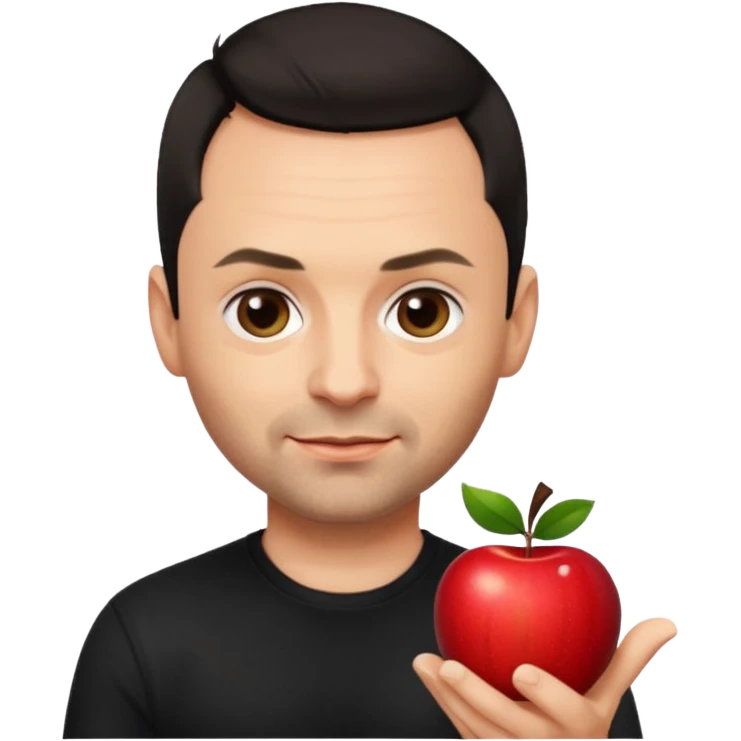 Paul Landers, guitarist of Rammstein, apple style emoji, short dark hair, playful smirk, black shirt emoji