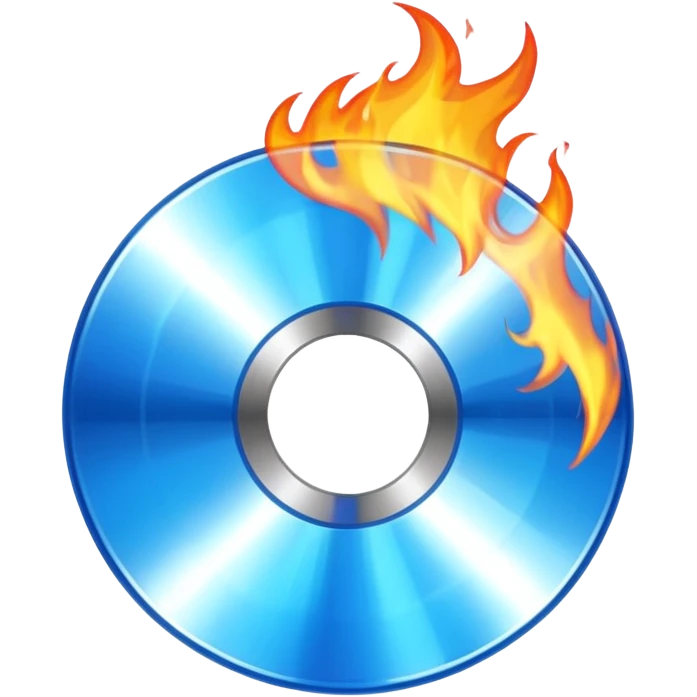 A CD disc with a fiery design, blue fire emoji