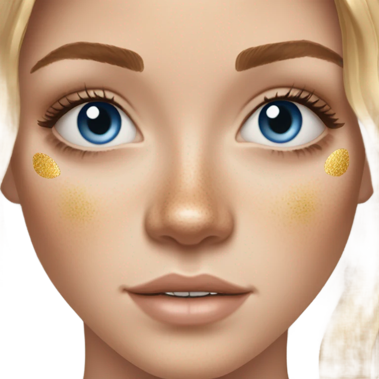 white girl with freackles, brunett hair ,blue eyes girl using Gold gel skin care patches under her eyes emoji
