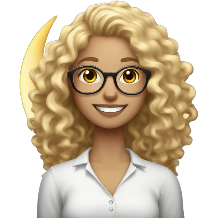 A woman with curly blonde hair and glasses, wearing a white shirt, smiling brightly, sitting on a round moon emoji