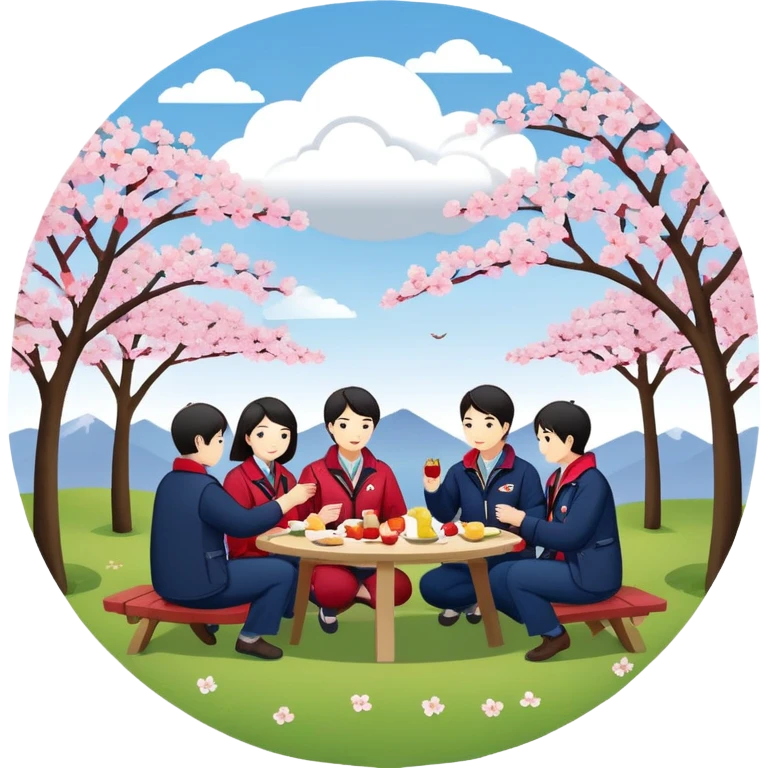 "Multi-department East Asian colleagues in color-coded jackets (navy/crimson/sage) picnic and play under cherry blossoms. Sunlord cloud logo. Circular minimalist style." emoji