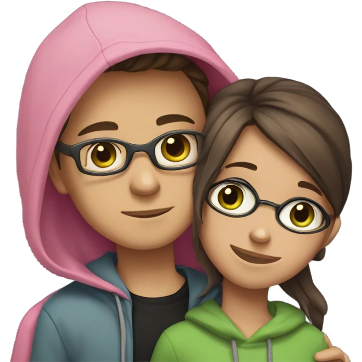 boy with glasses, brown hair and black hoodie hugging a girl with brown hair with pink hair under the main hair in grey hoodie, the boy have green eyes and the girl has blue eyes  emoji