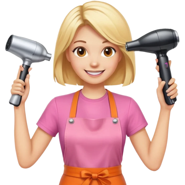 blonde female hairstylist smiling, pink t-shirt, orange apron, hands up, holding scissors and hairdryer emoji