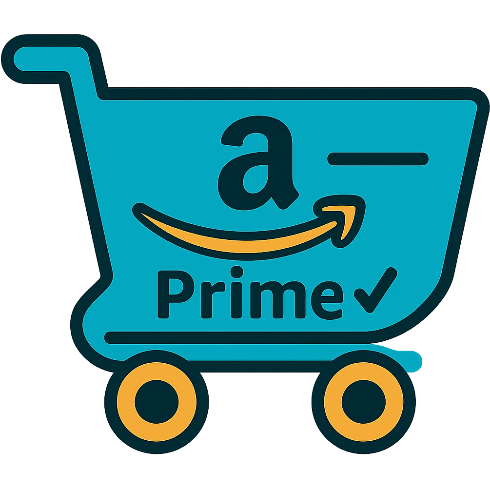 Add an Amazon Prime element such as a blue checkmark or 'Prime' swoosh to the Amazon shopping cart icon. Keep the style clean and modern with no background. emoji