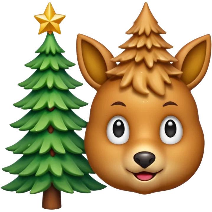 Un emoji représentant un petit sapin stylisé, sans bouche, avec deux grands yeux de biche brillants couleur cannelle. Style minimaliste, mignon et expressif, comme un sticker ou un emoji moderne. Fond parfaitement transparent, haute qualité, bien centré. emoji