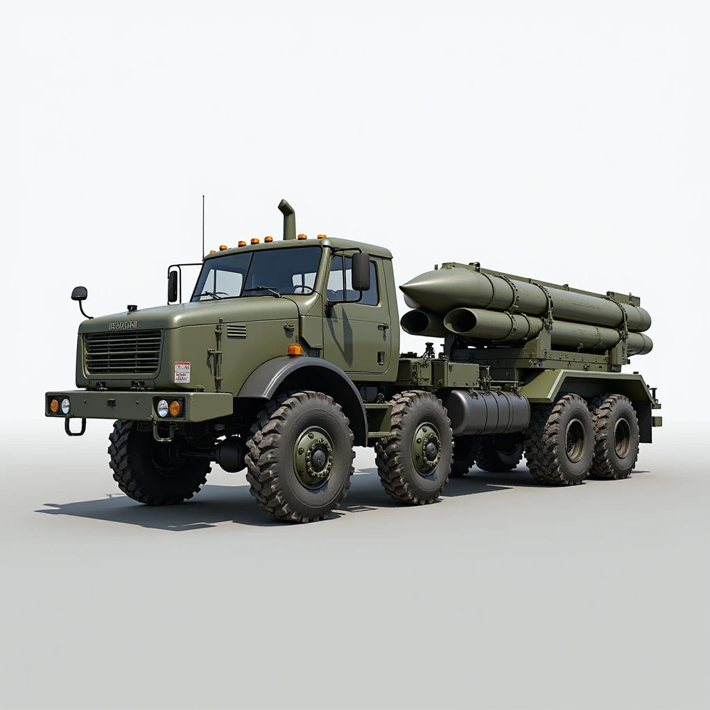 Iskander-M missile system, rocket carrier truck, realistic style, detailed, side view emoji