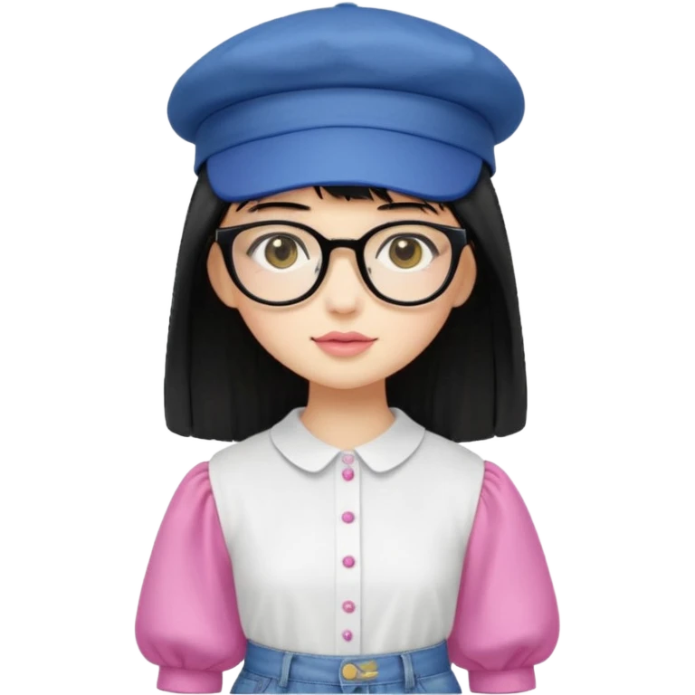 A yellow-skinned girl with long straight black hair, flat bangs, black frame glasses, a white puffy sleeve doll shirt, blue jeans and pink shoes, and a black painter's hat，no yellow spikes. emoji