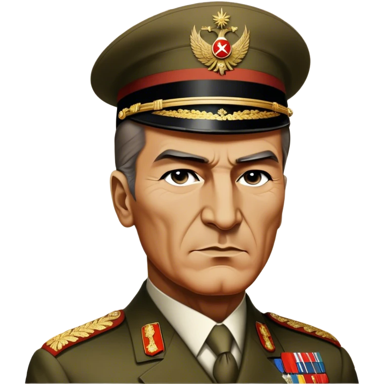 Cinematic Realistic Mustafa Kemal Atatürk Portrait Emoji, depicted as a visionary statesman with a determined gaze and period military attire, rendered with rich textures and dynamic historical lighting that captures his transformative leadership. emoji