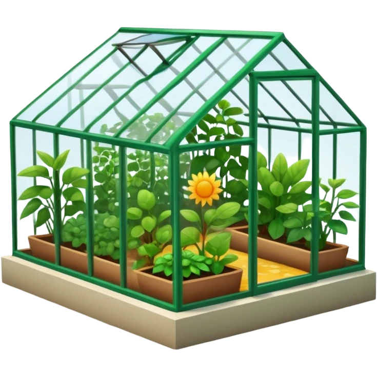 A 3D cartoon greenhouse filled with green plants and sunlight streaming through glass panels, earthy floor, bright natural light, Memoji-style texture and depth. emoji
