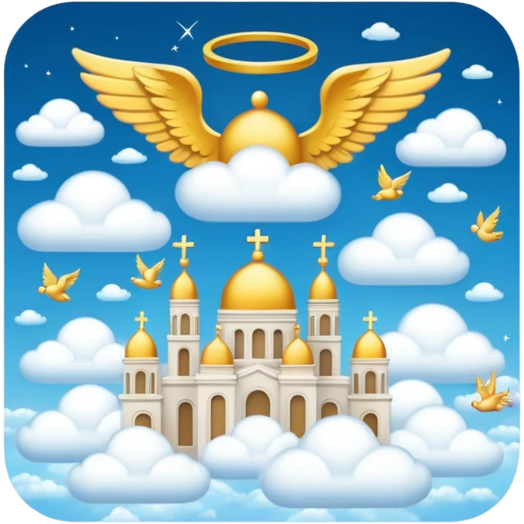 heaven with golden cities, flying angels, and clouds in the sky, emoji style emoji