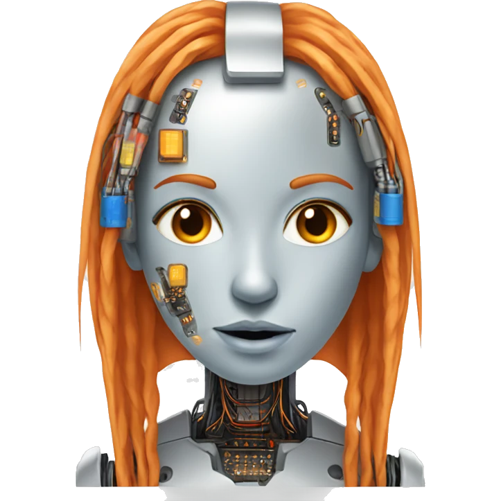 Head of female robot with long orange hair and circuits emoji
