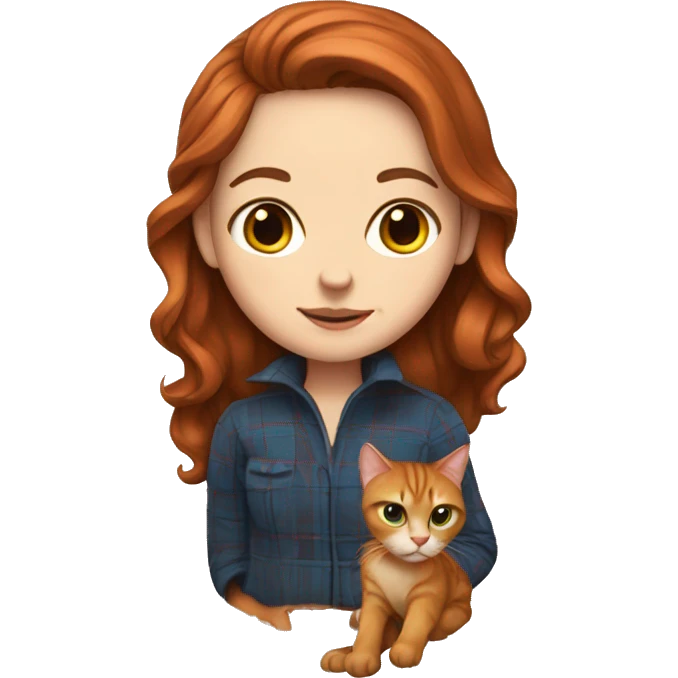 A white girl with brown hair wrapped in a plaid with a red cat emoji