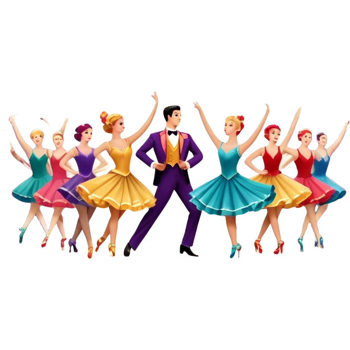Icon for Musical Movie: A vintage movie poster-style design with a lively, colorful scene—dancers in glamorous costumes, bright lights, and musical notes floating in the air. Include elements like a grand stage, a spotlight, and instruments. Retro cinematic feel. Transparent background. emoji