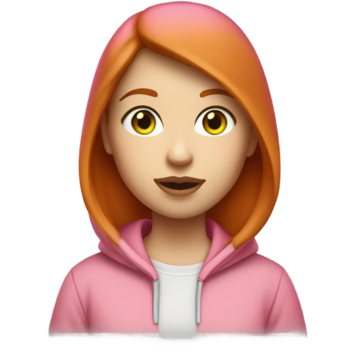 Red hair girl with short hair and white skin, green-gray eyes, pretty face, big lips in pink hoodie with macbook and white skin emoji