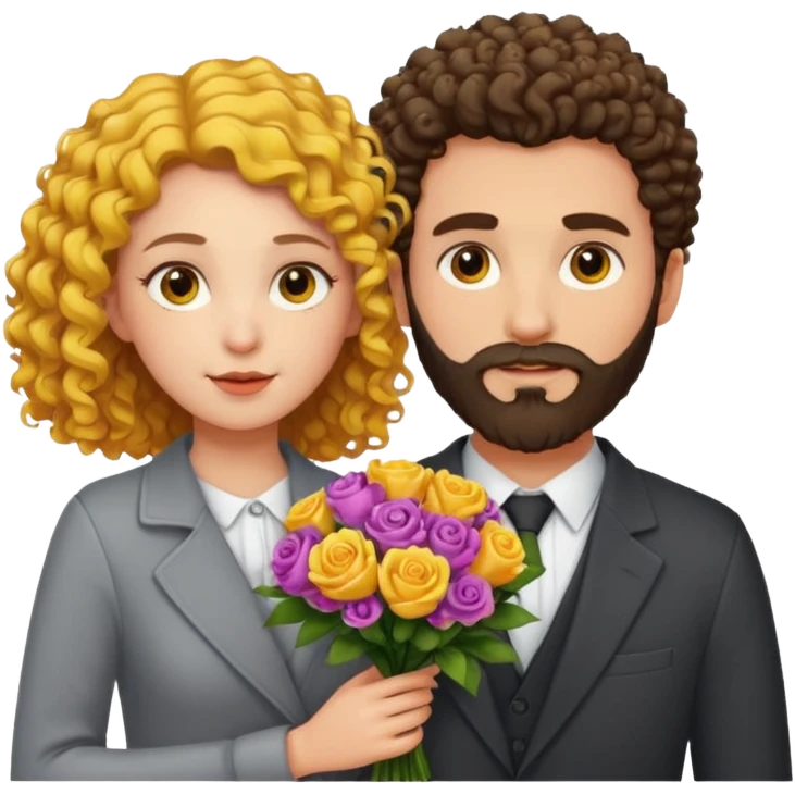 curly haired girl with yellow eyes and hair parted from the right side, standing next to a handsome bearded man holding a bouquet, expressive emoji