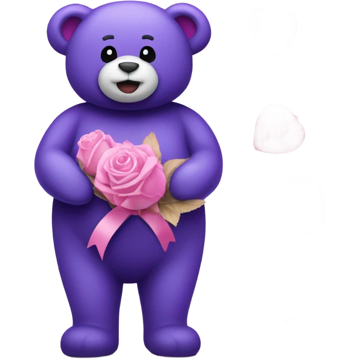 Big purple Teddy Bear holding chocolates and pink & purple roses emoji