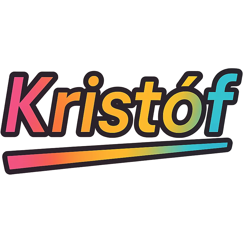 Kristóf name in modern colorful gradient font with dark outline, partially or fully underlined with dynamic slanted underline, transparent background, in the style of the sample images emoji