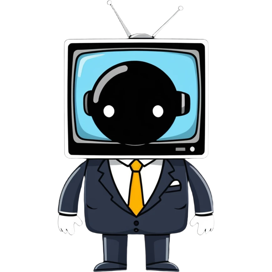 a humanoid figure with a TV for a head, wearing a formal suit, fun and friendly emoji