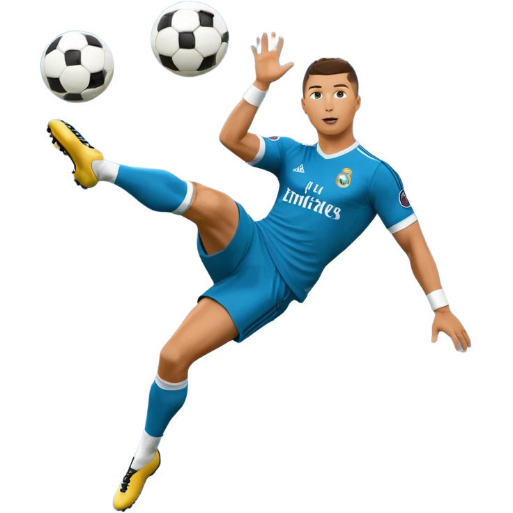 Ronaldo doing a bicycle kick with football in mid air While wearing a Retro blue Real madrid kit and yes i want it to be exactly the same as he Scored it in 2018 vs Juventus and please make it Realistic  emoji