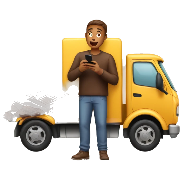 guy eating a chocolate with phone in hand by a truck emoji